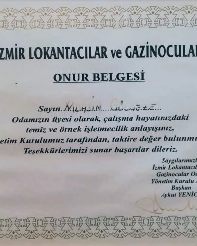 Temiz ve Örnek İşletmeciler Anlayışı Onur Belgesi